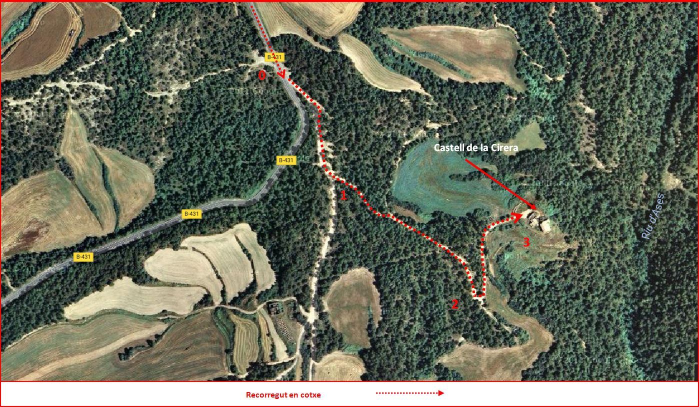 Castell de la Cirera – Sant Feliu Sasserra - Itinerari - Captura de pantalla de Google Maps, complementada amb anotacions manuals
