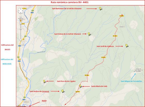 Ruta romànica a través de la carretera BV-4001 - Captura de pantalla de Google Maps, complementada amb anotacions manuals.