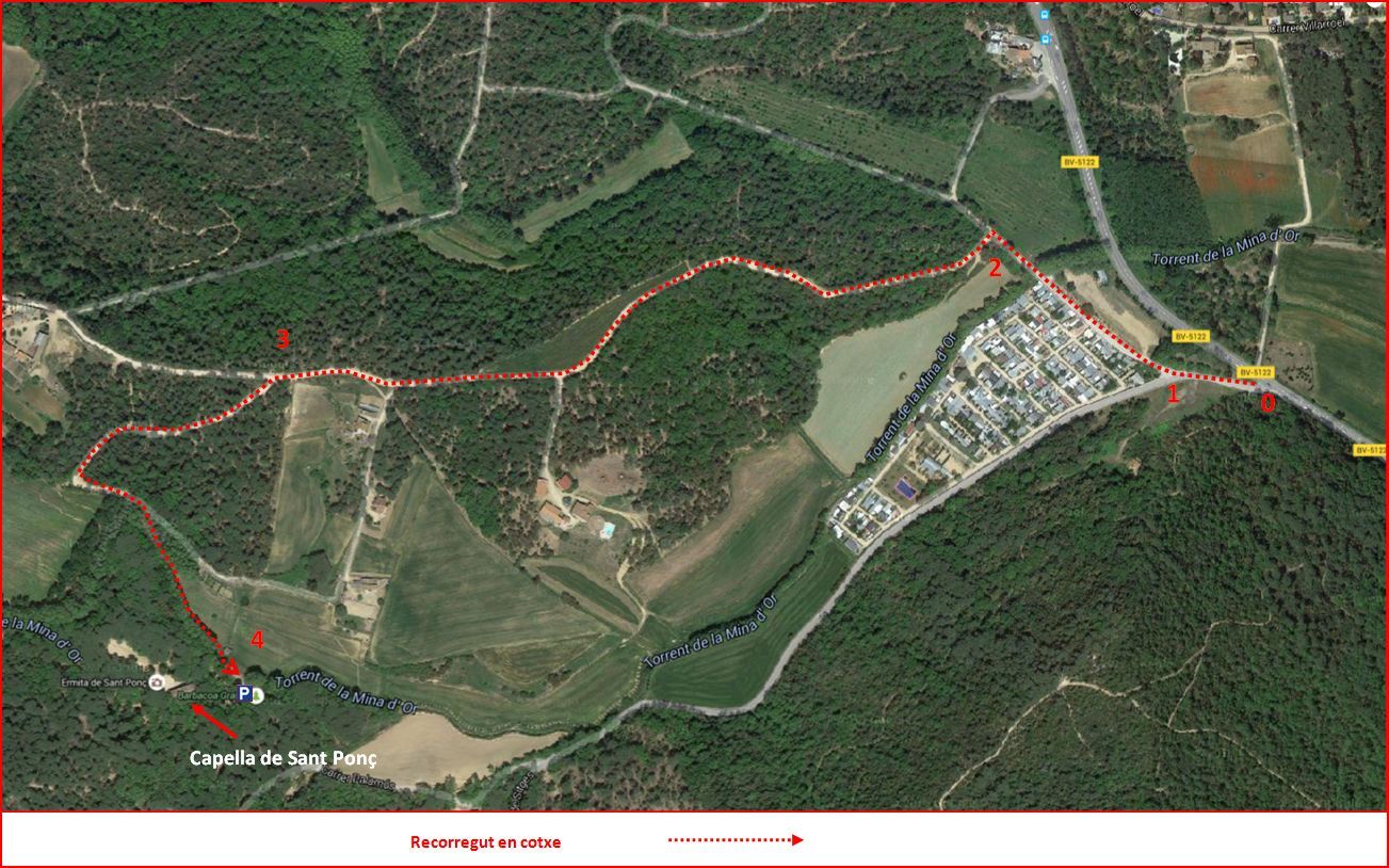Capella de Sant Ponç – Tordera - Itinerari - Captura de pantalla de Google Maps, complementada amb anotacions manuals