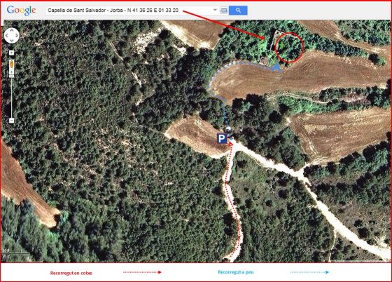 93-Capella de Sant Salvador-Itinerari-Final-Captura de pantalla de Google Maps, complementada amb anotacions manuals.
