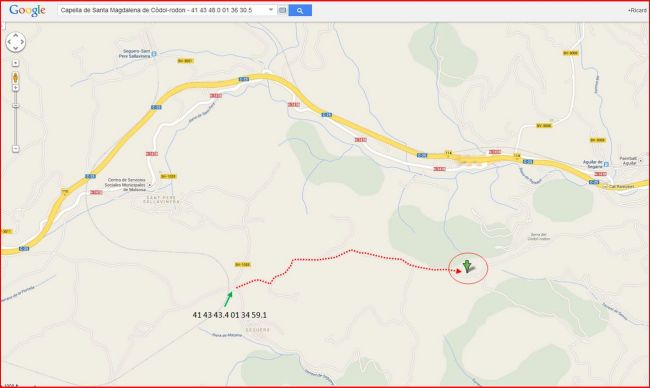Capella de Santa Magdalena de Còdol-rodon - Itinerari - Captura de pantalla de Google Maps, complementada amb anotacions manuals.