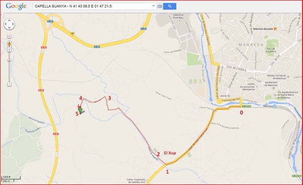 Capella Suanya-Itinerari - Captura de pantalla de Google Maps, complementada amb anotacions manuals.