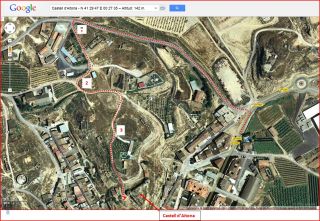Castell d'Aitona - Itinerari - Captura de pantalla de Google Maps, complementada amb anotacions manuals.