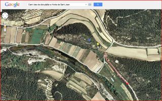 Itinerari des del castell d'Almudèfer a Horta de Sant Joan-Captura de pantalla de Google Maps complementada amb anotacions manuals.