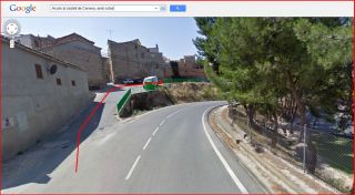 Castell de Cervera-Itinerari-Captura de pantalla de Google Maps, complementada amb anotacions manuals. Per aquesta sortida de l'esquerra, abandonem l'avinguda de Vallfogona i continuem pel camí de Sant Genís (Noms de carrer que apareixen al mapa de Google).