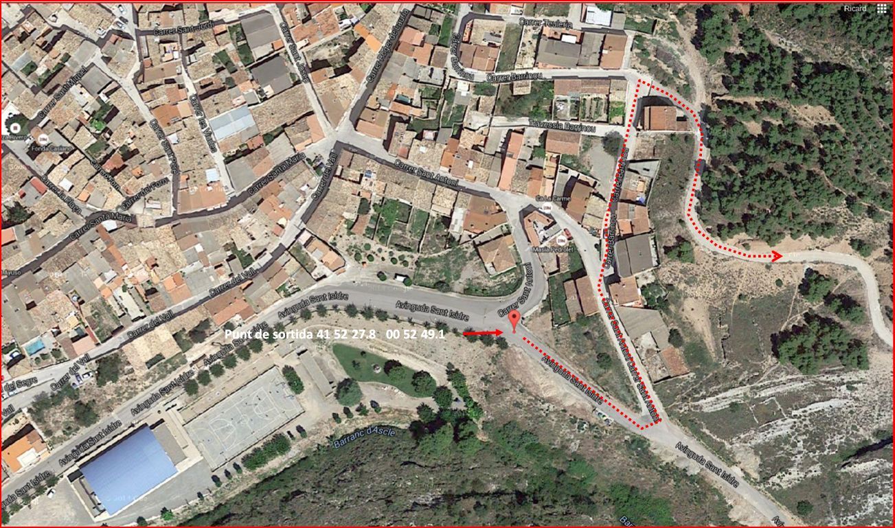 Itinerari - Part inicial del camí a l'ermita de Sant Jordi. Captura de pantalla de Google Maps, complementada amb anotacions manuals