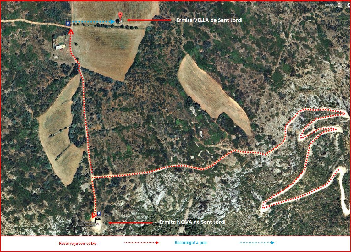 Itinerari - Part final del camí a l'ermita de Sant Jordi. Captura de pantalla de Google Maps, complementada amb anotacions manuals