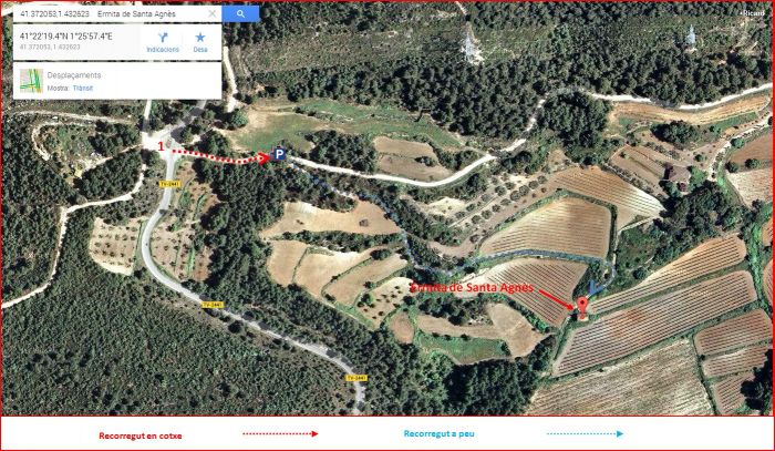 Ermita de Santa Agnès – Aiguamúrcia- Itinerari-Captura de pantalla de Google Maps, complementada amb anotacions manuals.