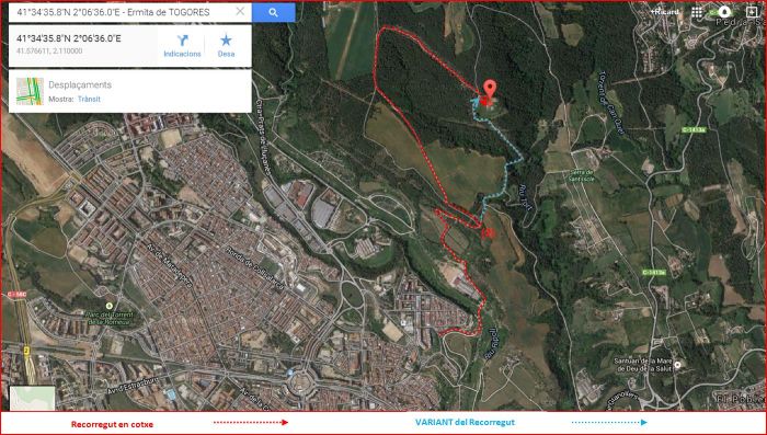 Ermita de Togores – Sabadell - Localització i itinerari - Captura de pantalla de Google Maps, complementada amb anotacions manuals.