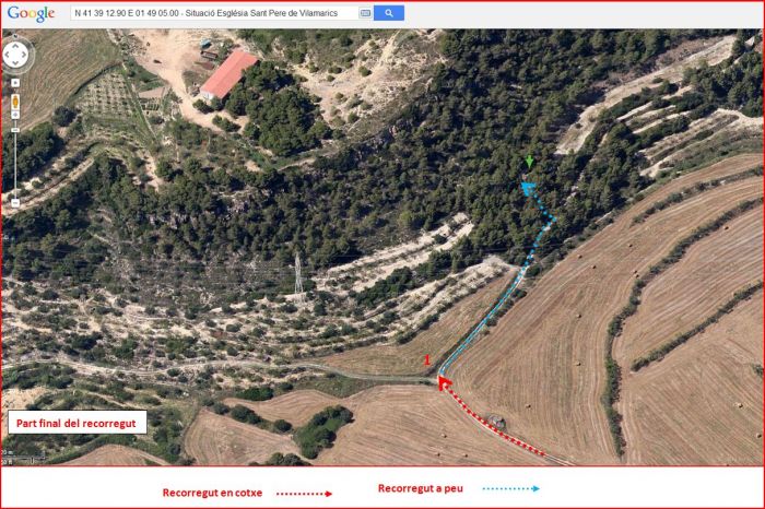 Camí a l'Església de Sant Pere de Vilamarics – Monistrol de Montserrat - Part final de l'itinerari - Captura de pantalla de Google Maps, complementada amb anotacions manuals.