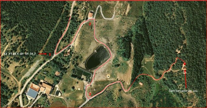 Església de Sant Salvador del Jou – Guardiola de Berguedà - Part final de l'itinerari - Captura de pantalla de Google Maps, complementada amb anotacions manuals.