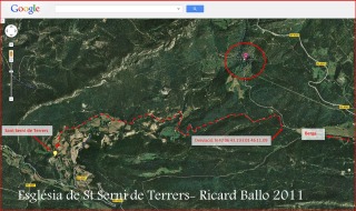Església de Sant Serni de Terrers-Itinerari des de la Torre del Riu-Captura de pantalla de Google Maps complementada amb anotacions manuals.