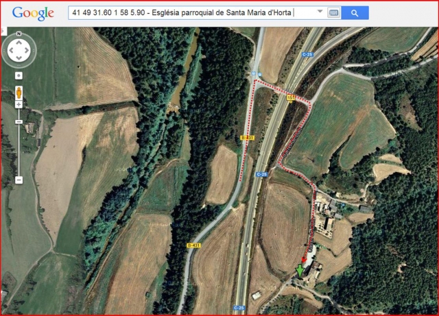 Església parroquial de Santa Maria – Horta d’Avinyó - Captura de pantalla de Google Maps, complementada amb anotacions manuals.