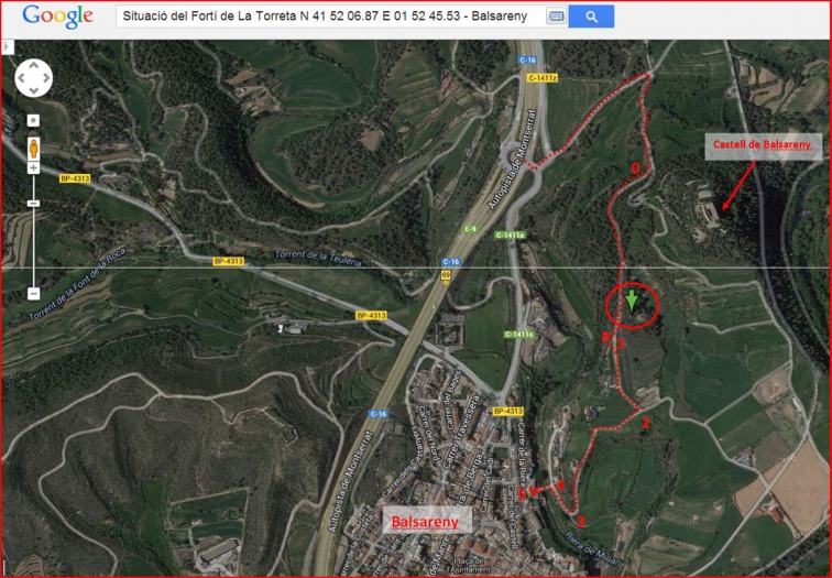 Fortí de La Torreta – Balsareny - Captura de pantalla de Google Maps, complementada amb anotacions manuals.