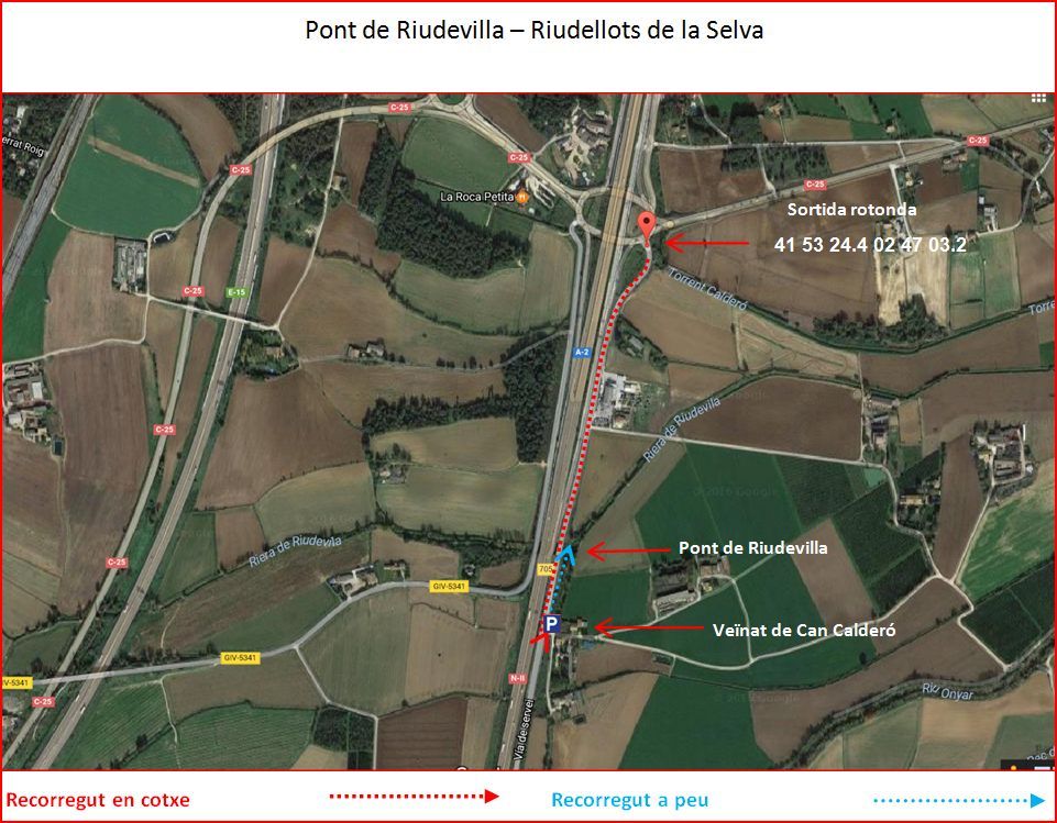 Camí al Pont de Riudevilla – Riudellots de la Selva - Captura de pantalla de Google Maps, complementada amb anotacions manuals