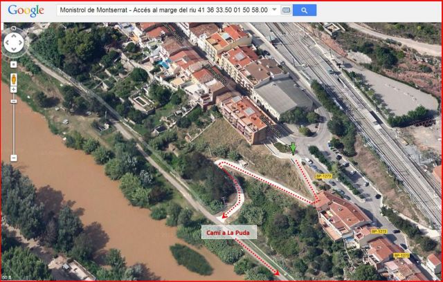 Monistrol de Montserrat - Accés al passeig fluvial que permet l'inici del recorregut fins a la Puda - Captura de pantalla de Google Maps, complementada amb anotacions manuals.