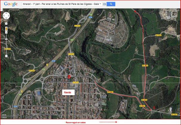 Ruïnes de l'església de Sant Pere de les Cigales – Gaià - Itinerari - 1ª part - Captura de pantalla de Google Maps, complementada amb anotacions manuals.