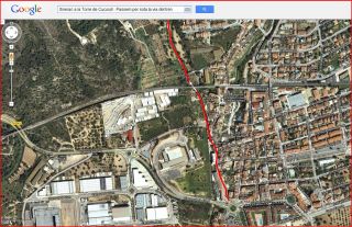 Torre de Cucurull - Itinerari - Captura de pantalla de Google Maps, complementada amb anotacions manuals.