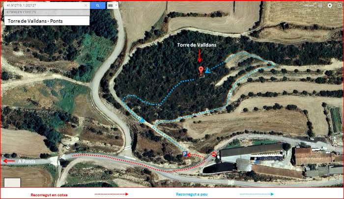 Torre de Valldans – Ponts - Part final de l'itinerari - Captura de pantalla de Google Maps, complementada amb anotacions manuals.