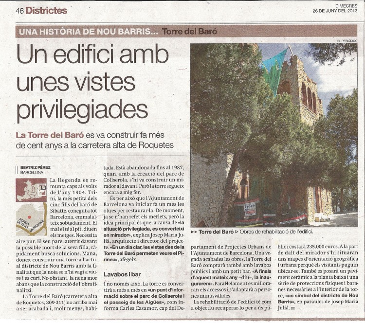 Torre del Baró - Informació extreta de "El periódico de Catalunya" - edició 26/06/2013.
