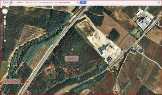 Torres de Puig Ardina – Riudarenes - Detall part inicial de l'itinerari - Captura de pantalla de Google Maps, complementada amb anotacions manuals.