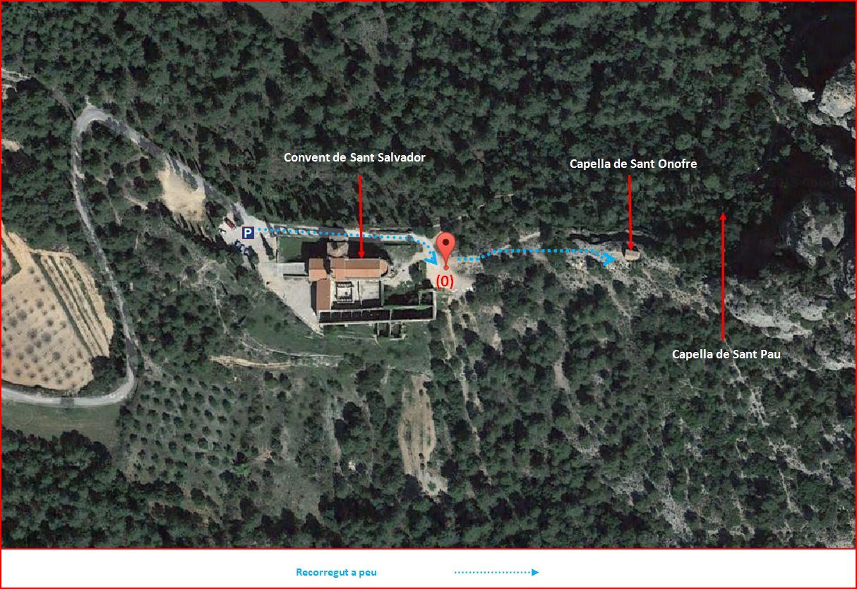 Capella de Sant Onofre – Horta de Sant Joan - Itinerari - Detall part final - Captura de pantalla de Google Maps, complementada amb anotacions mamnuals