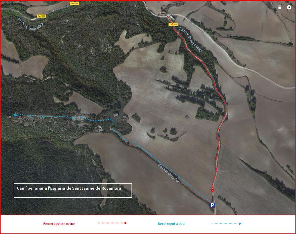 Camí a l'Església de Sant Jaume de Rocamora – Pontils - Captura de pantalla de Google Maps, complementada amb anotacions manuals.