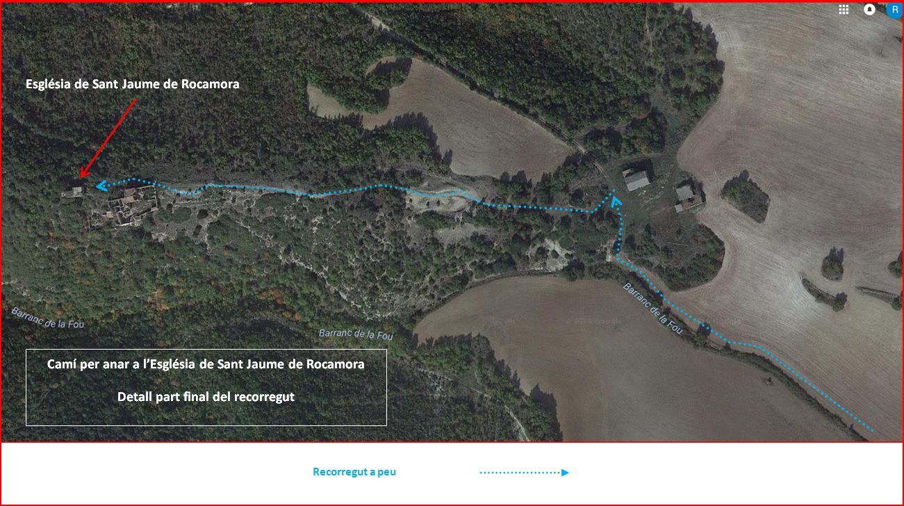 Camí a l'Església de Sant Jaume de Rocamora – Pontils - Captura de pantalla de Google Maps, complementada amb anotacions manuals.