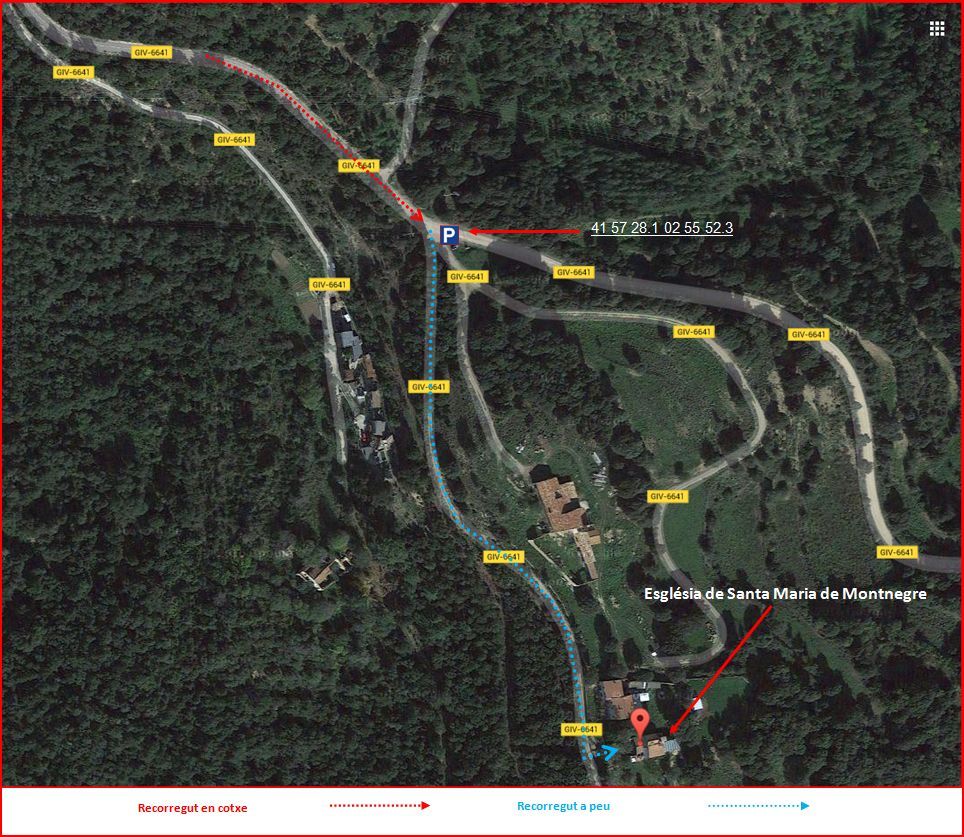 Església de Santa Maria de Montnegre – Quart - Itinerari - Part final - Captura de pantalla de Google Maps, complementada amb anotacions manuals. A destacar la quantitat de ramals de la mateixa carretera, la GIV-6641, que hi apareixen
