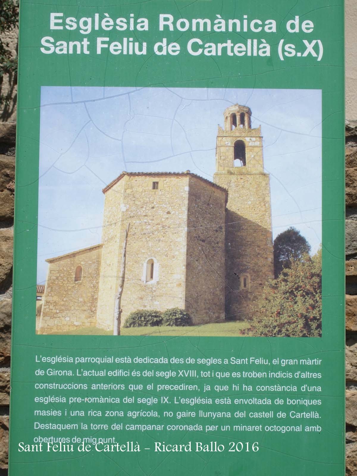 Cartell informatiu situat al davant de l'Església parroquial de Sant Feliu de Cartellà–Sant Gregori