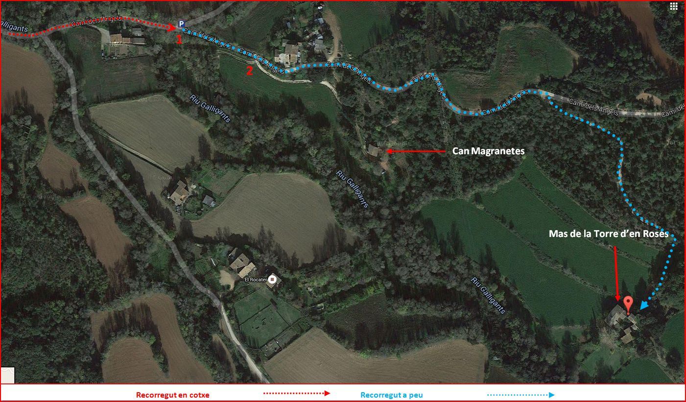 Mas de la Torre d’en Rosés – Girona - Itinerari alternatiu - Captura de pantalla de Google Maps, complementada amb anotacions manuals