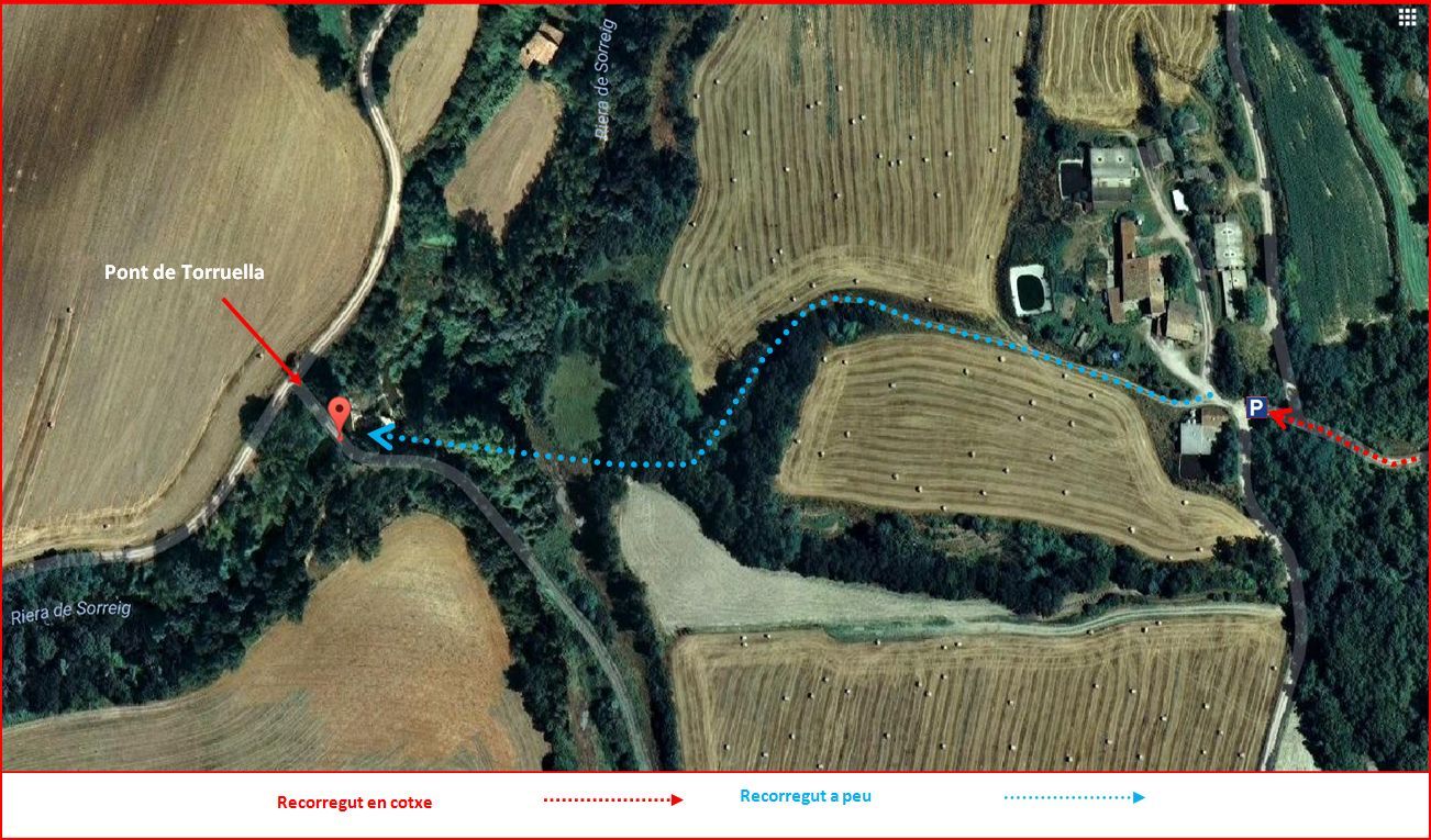 Pont de Torruella – Gurb - Darrera part del camí. Captura de pantalla de Google Maps, complementada amb anotacions manuals