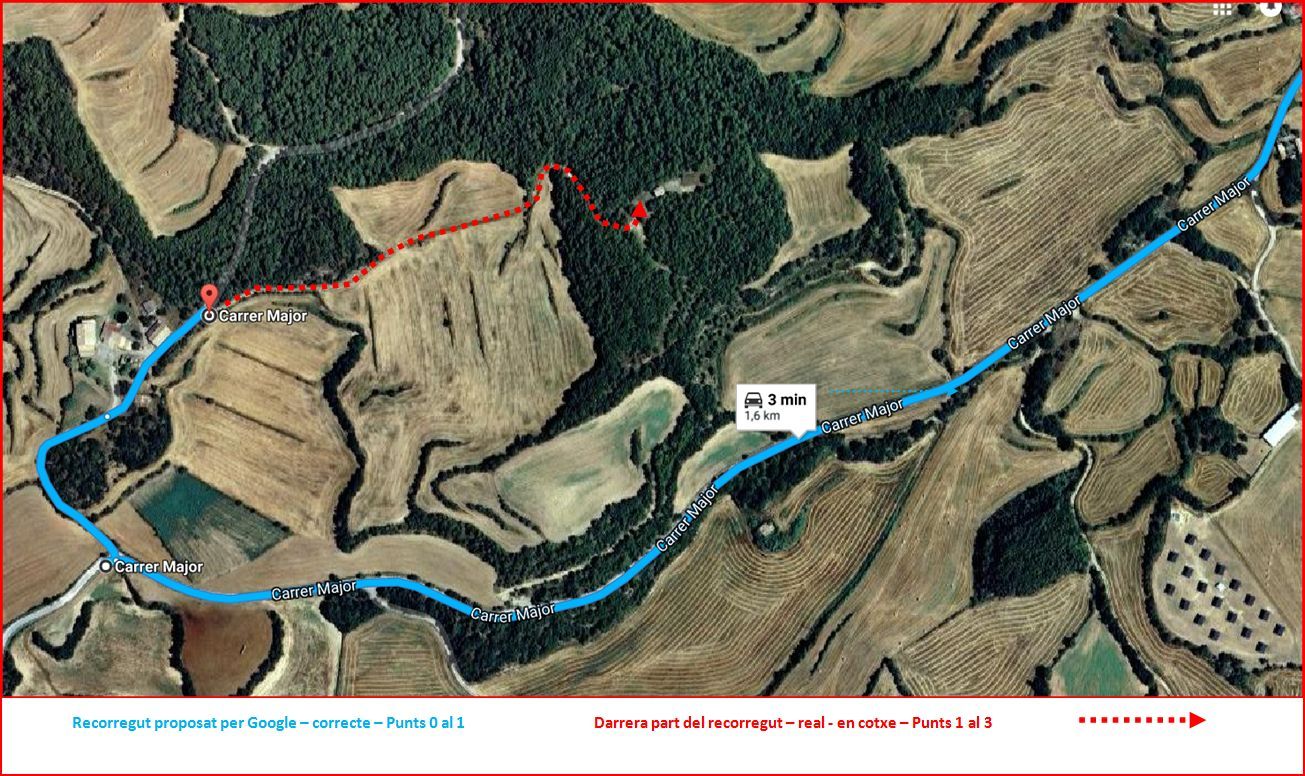 Antiga capella de Sant Ermengol – Pinell de Solsonès - Darrera part de l\'itinerari - Captura de pantalla de Google Maps, complementada amb anotacions manuals.