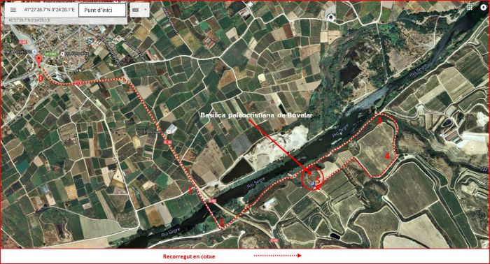 Basílica paleocristiana de Bovalar – Serós - Itinerari - Captura de pantalla de Google Maps, complementada amb anotacions manuals