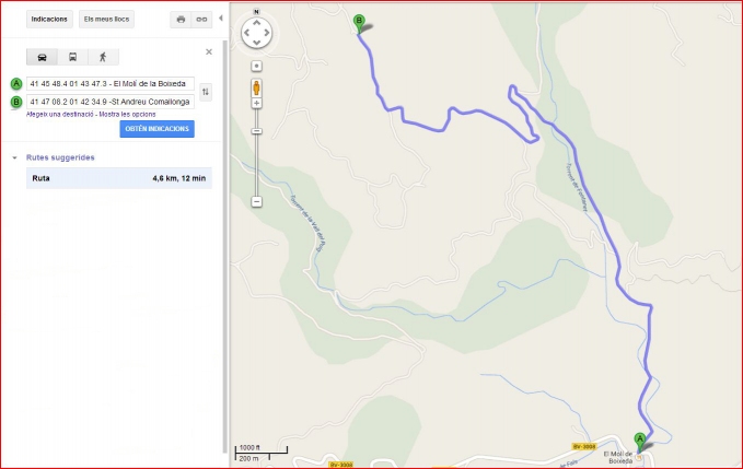 Capella de Sant Andreu de Comallonga - Fonollosa - Itinerari - Captura de pantalla de Google Maps.