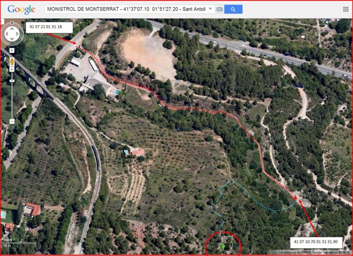 Capella de Sant Antolí – Monistrol de Montserrat - Itinerari - Captura de pantalla de Google Maps, complementada amb anotacions manuals.