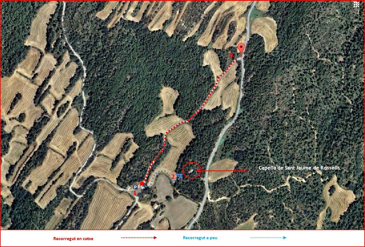 Capella de Sant Jaume de Rossells – Pinell de Solsonès - Itinerari - Captura de pantalla de Google Maps, complementada amb anotacions manuals.