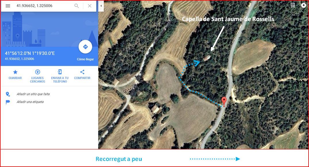 Capella de Sant Jaume de Rossells – Pinell de Solsonès - Itinerari - Captura de pantalla de Google Maps, complementada amb anotacions manuals.