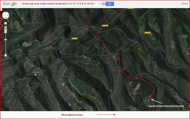Capella de Sant Mamet de Bacardit – Sant Mateu de Bages - Itinerari - Captura de pantalla de Google Maps, complementada amb anotacions manuals.