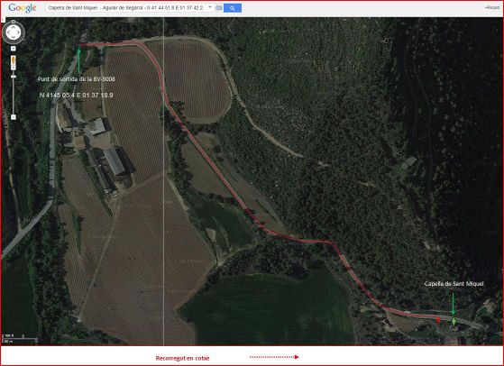 Capella de Sant Miquel – Aguilar de Segarra - Itinerari - Captura de pantalla de Google Maps, complementada amb anotacions manuals.