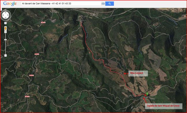 Capella de Sant Miquel de Cirera – Rajadell - Itinerari - Captura de pantalla de Google Maps, complementada amb anotacions manuals.