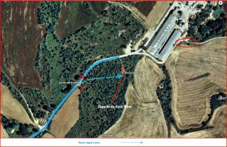 Camí a la Capella de Sant Prim – Olius - Captura de pantalla de Google Maps, complementada amb anotacions manuals
