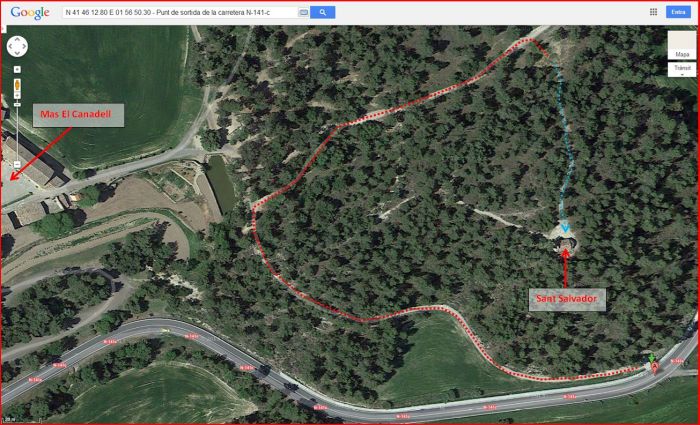 Capella de Sant Salvador del Canadell – Calders - Itinerari - Captura de pantalla de Google Maps, complementada amb anotacions manuals.