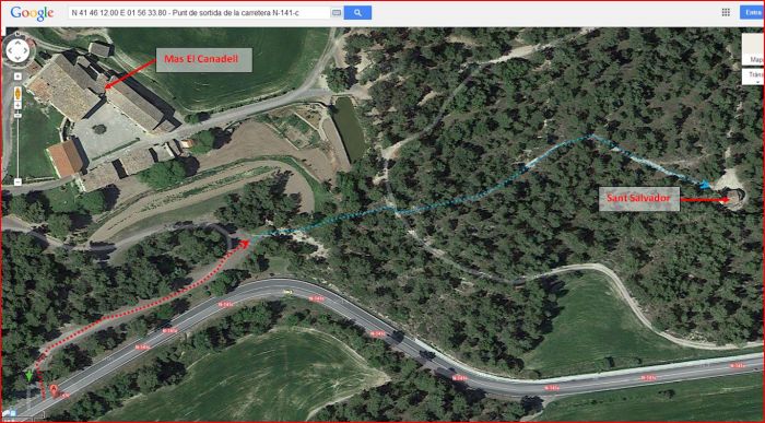 Capella de Sant Salvador del Canadell – Calders - Itinerari - Captura de pantalla de Google Maps, complementada amb anotacions manuals.