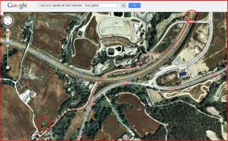 Capella de Sant Sebastià – Òdena - Visió global de l'itinerari - Captura de pantalla de Google Maps, complementada amb anotacions manuals.