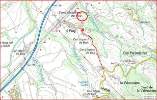 Capella de Santa Magdalena del Puig – Gelida-Itinerari inicial-Captura de pantalla d'un mapa del Institut Cartogràfic de Catalunya, complementada amb anotacions manuals.