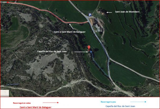 Capella del Roc de Sant Joan-Itinerari-Captura de pantalla de Google Maps, complementada amb anotacions manuals.