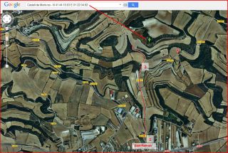 Castell de Mont-ros - Itinerari - Captura de pantalla de Google Maps, complementada amb anotacions manuals.