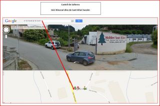 Castell de Solterra - Inici itinerari dins de Sant Hilari Sacalm - captura de pantalla de Google Maps, complementada amb anotacions manuals.