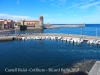 Castell Reial-Cotlliure - La torre del campanar: Les pedres, per fases de construcció. Les dates part: inferior del segle  XIII, la part superior del segles XV i  XIV. La torre també va servir com un far, i després com a presó . Es va connectar a l'església  en 1693 per a convertir-se en la torre del campanar. En 1810, la cúpula rosa li dona el seu aspecte actual.